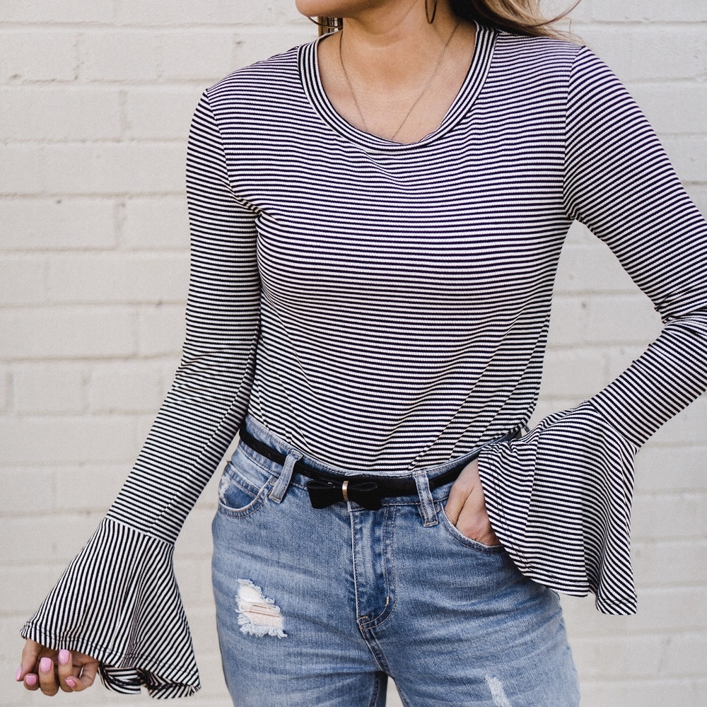 PPLA Striped Knit Top with Bell Sleeve